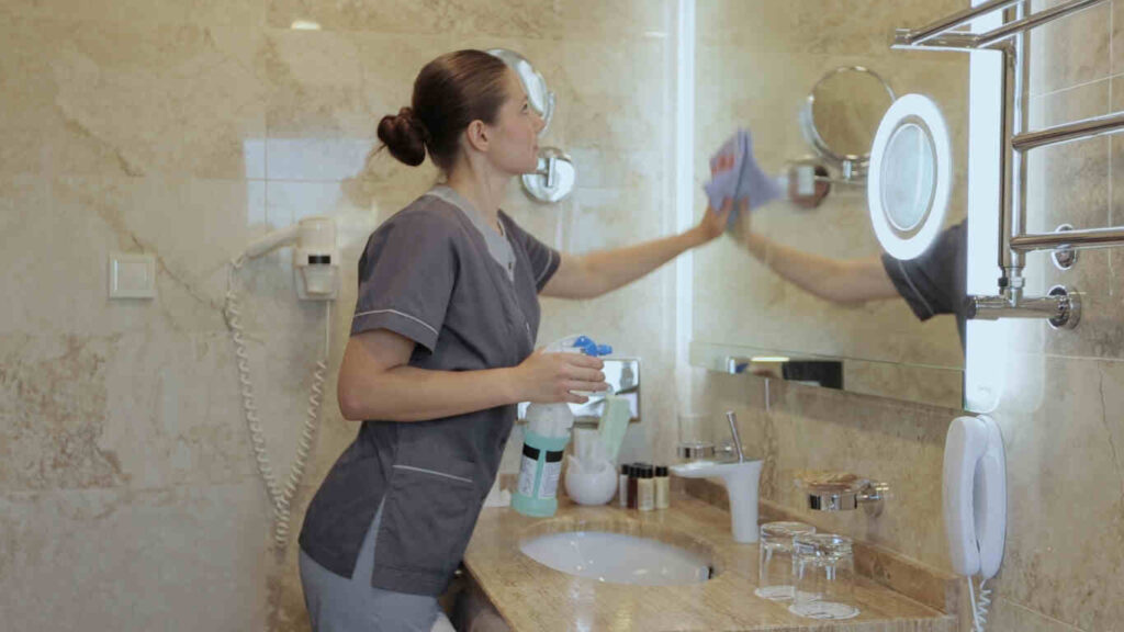 Bathroom sanitization during villa deep cleaning in Al Shahama