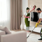 Professional cleaner polishing kitchen surface under transparent deep cleaning services prices.