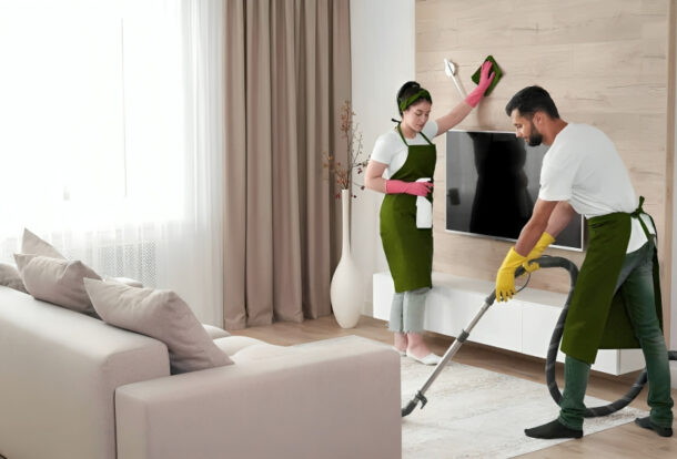 Professional cleaner polishing kitchen surface under transparent deep cleaning services prices.