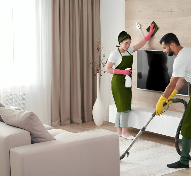 Professional cleaner polishing kitchen surface under transparent deep cleaning services prices.