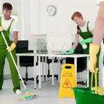 Team performing villas professional cleaning service using eco-friendly tools and equipment.