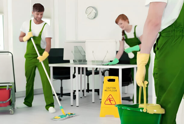 Team performing villas professional cleaning service using eco-friendly tools and equipment.