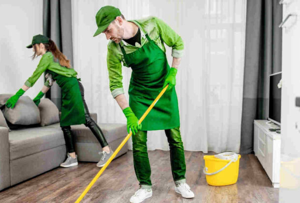 Professional villa cleaning staff performing deep cleaning in Bin Zayed City