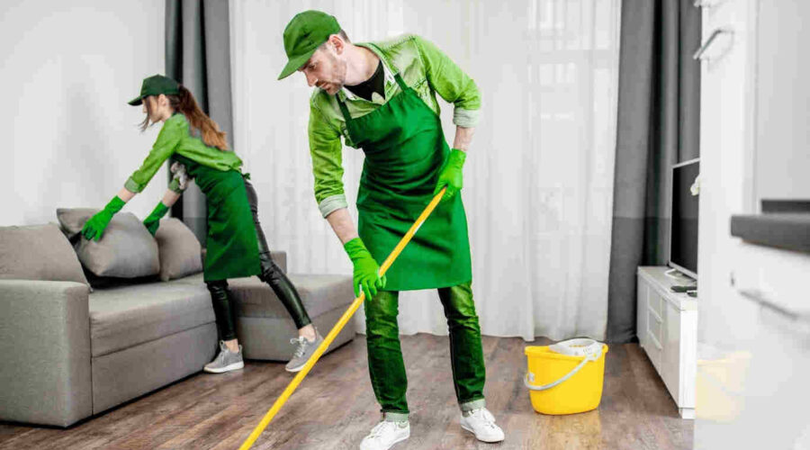 Professional villa cleaning staff performing deep cleaning in Bin Zayed City